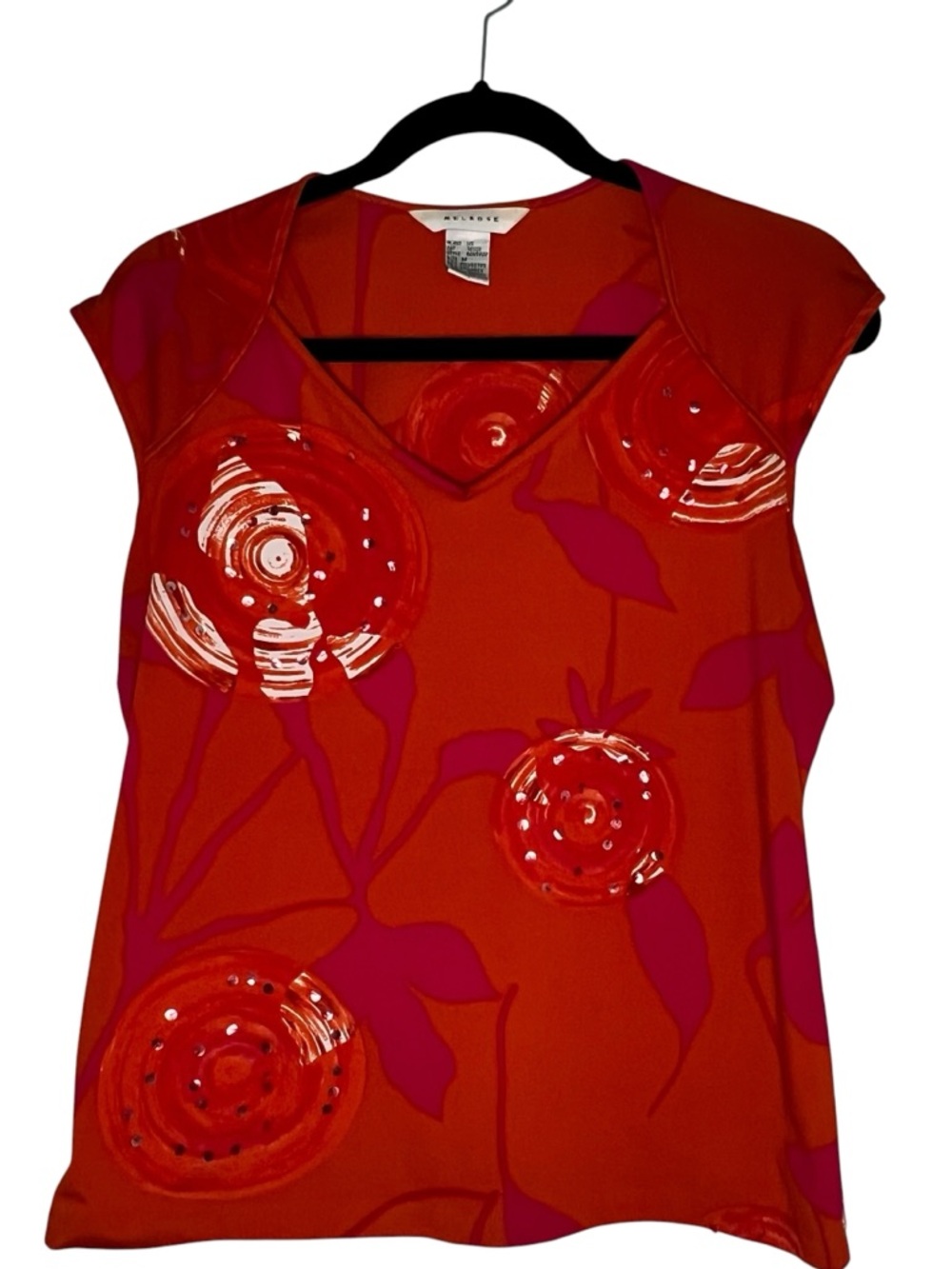 Red-Orange Floral Cap-Sleeve V-Neck Top